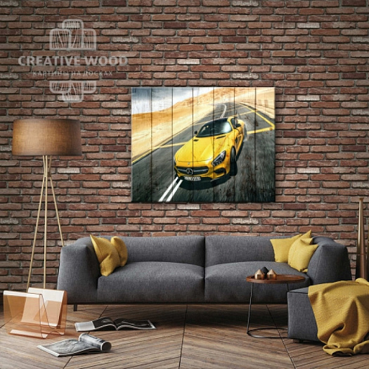 Картины в интерьере артикул AUTO - 10 Спортивный жёлтый автомобиль марки Мерседес, AUTO, Creative Wood